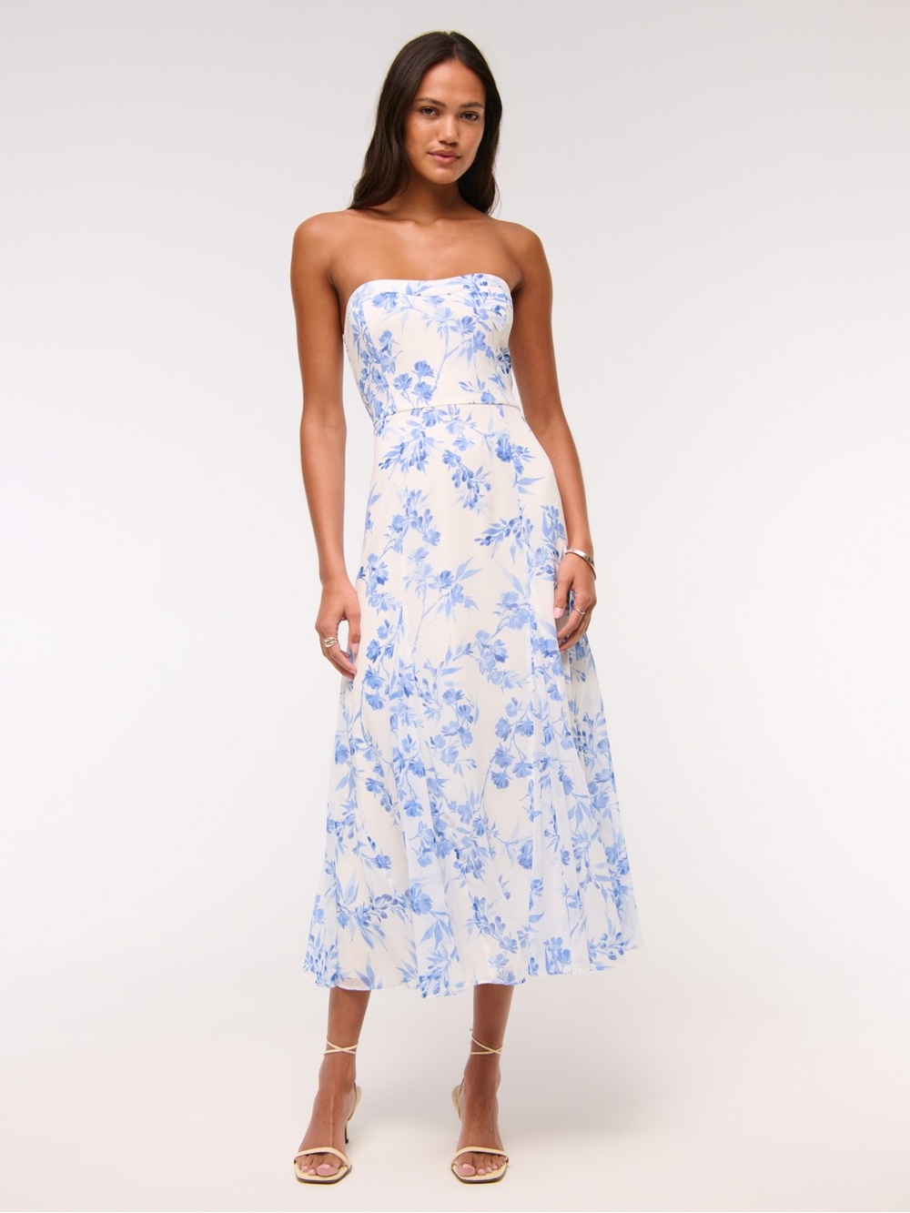 NEW Abercrombie A&F Camille Strapless Godet Midi Dress White Floral - Size XXS